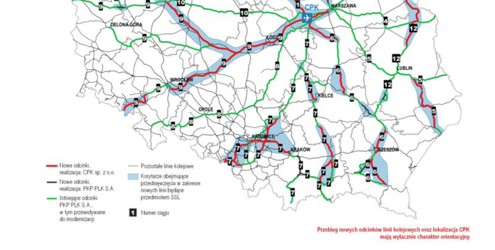Mapa - przebieg nowych odcinków linii kolejowych oraz lokalizacja CPK