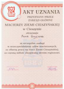 Akt uznania przyznany przez Zarząd Główny Macierzy Ziemi Cieszyńskiej w Cieszynie