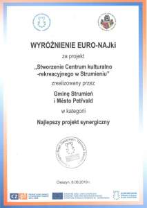Wyróżnienie EURO-NAJki za projekt"Stworzenie Centrum Kulturalno rekreacyjnego w Strumieniu"