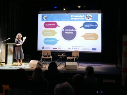 Burmistrz Strumienia Anna Grygierek prezentuje założenia projektu "Usługi społeczne w gminie Strumień"