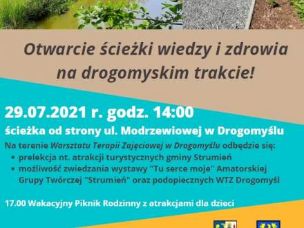 Plakat - Otwarcie ścieżki wiedzy i zdrowia na drogomyskimtrakcie 29.07.2021 r. godz. 14.00
