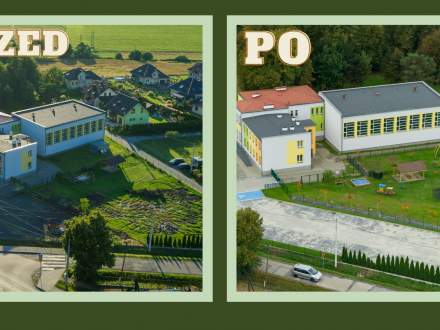 Grafika przedstawiająca parking przy Zespole Szkolno -Przedszkolnym w Bąkowie przed i po remoncie