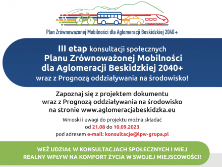 Zapraszamy na III etap konsultacji społecznych Planu Zrównoważonej Mobilności  dla Aglomeracji Beskidzkiej 2040+ wraz z Prognozą oddziaływania  na środowisko!