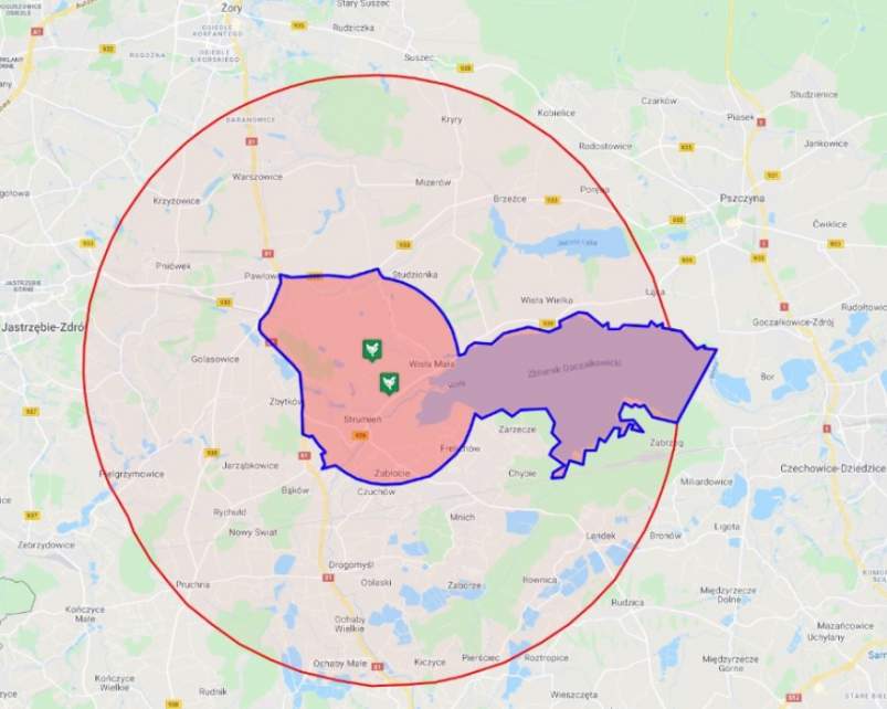 Mapa obszaru zapowietrzonego oraz zagrożonego do rozporządzenia Wojewody Śląskiego z dnia 28.04
