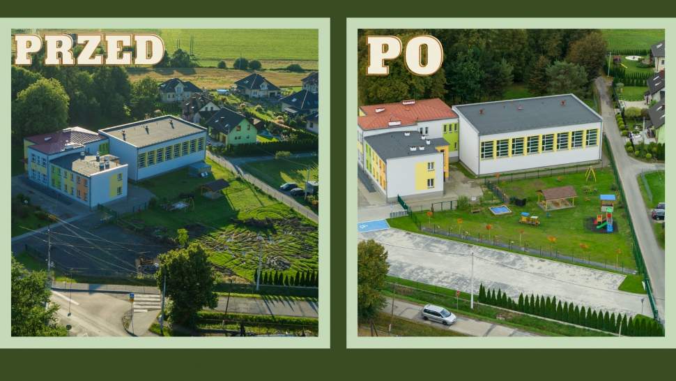 Grafika przedstawiająca parking przy Zespole Szkolno -Przedszkolnym w Bąkowie przed i po remoncie