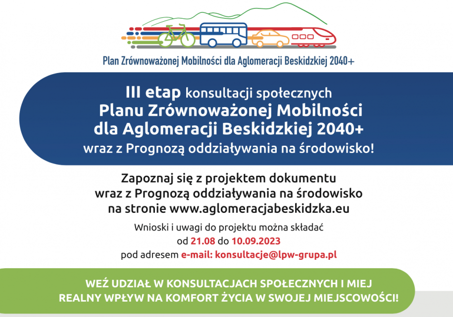 Zapraszamy na III etap konsultacji społecznych Planu Zrównoważonej Mobilności  dla Aglomeracji Beskidzkiej 2040+ wraz z Prognozą oddziaływania  na środowisko!